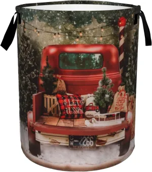 Christmas Red Truck Laundry Basket,snowflakes Forest Foldable Laundry Hamper Waterproof Oxford Cloth Tote Bag,Clothes Storage Bucket Decorative Toy Organizer For Bathroom Bedroom 16" x 20"