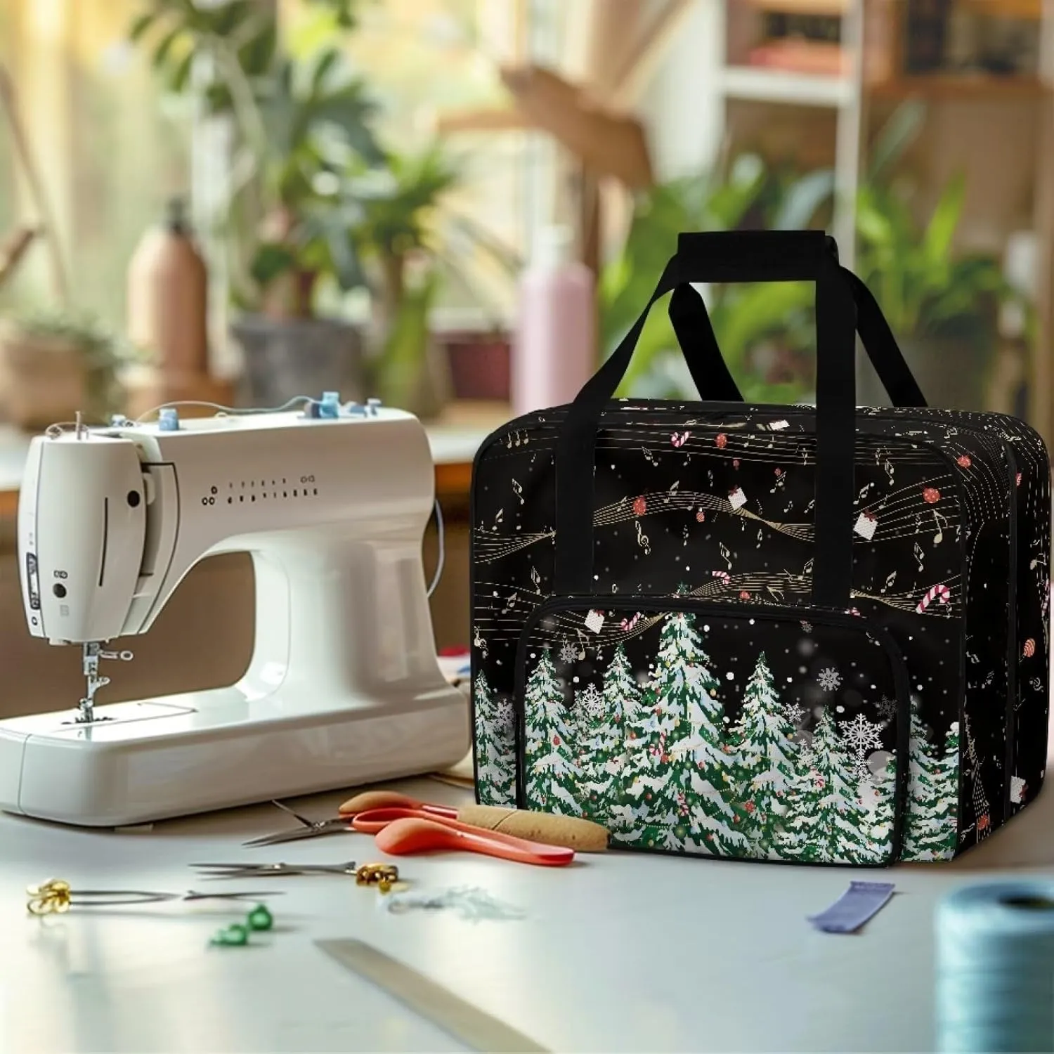 Christmas Tree Sewing Machine Handbag Two Way Zipper Carrying Travel Storage Carrier Sewing Bag with Handle Sewing Box Storage Bag Compatible with Most Standard Singer, Brother