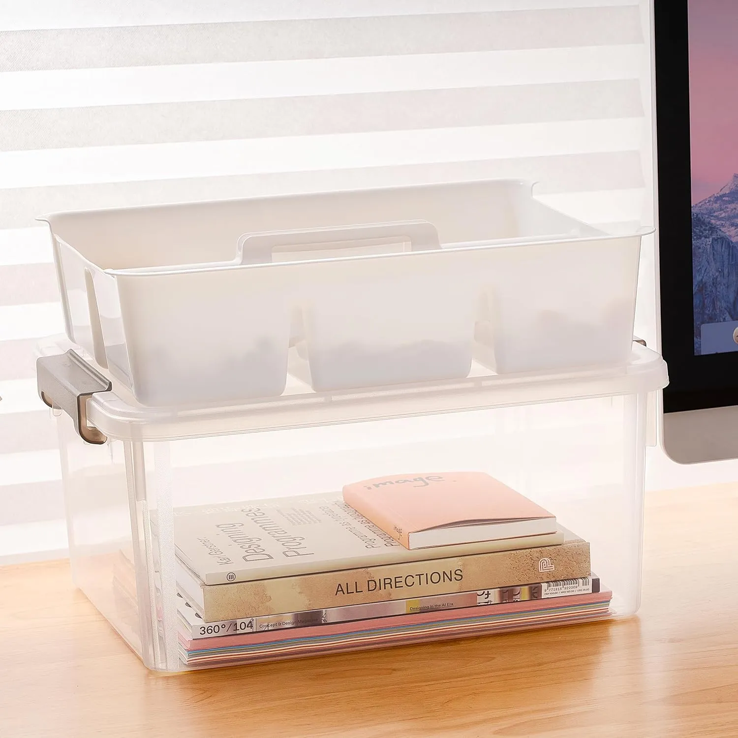Citylife 17 QT Plastic Storage Bins Clear Storage Box with Removable Tray Stackable Latching Box with Handle for Oraganizing Tool, Craft, Office, Orange