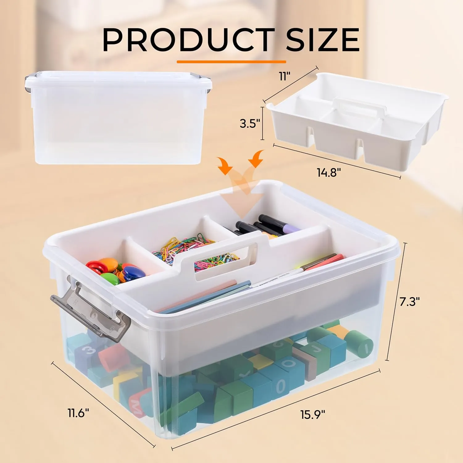Citylife 17 QT Plastic Storage Bins Clear Storage Box with Removable Tray Stackable Latching Box with Handle for Oraganizing Tool, Craft, Office, Orange