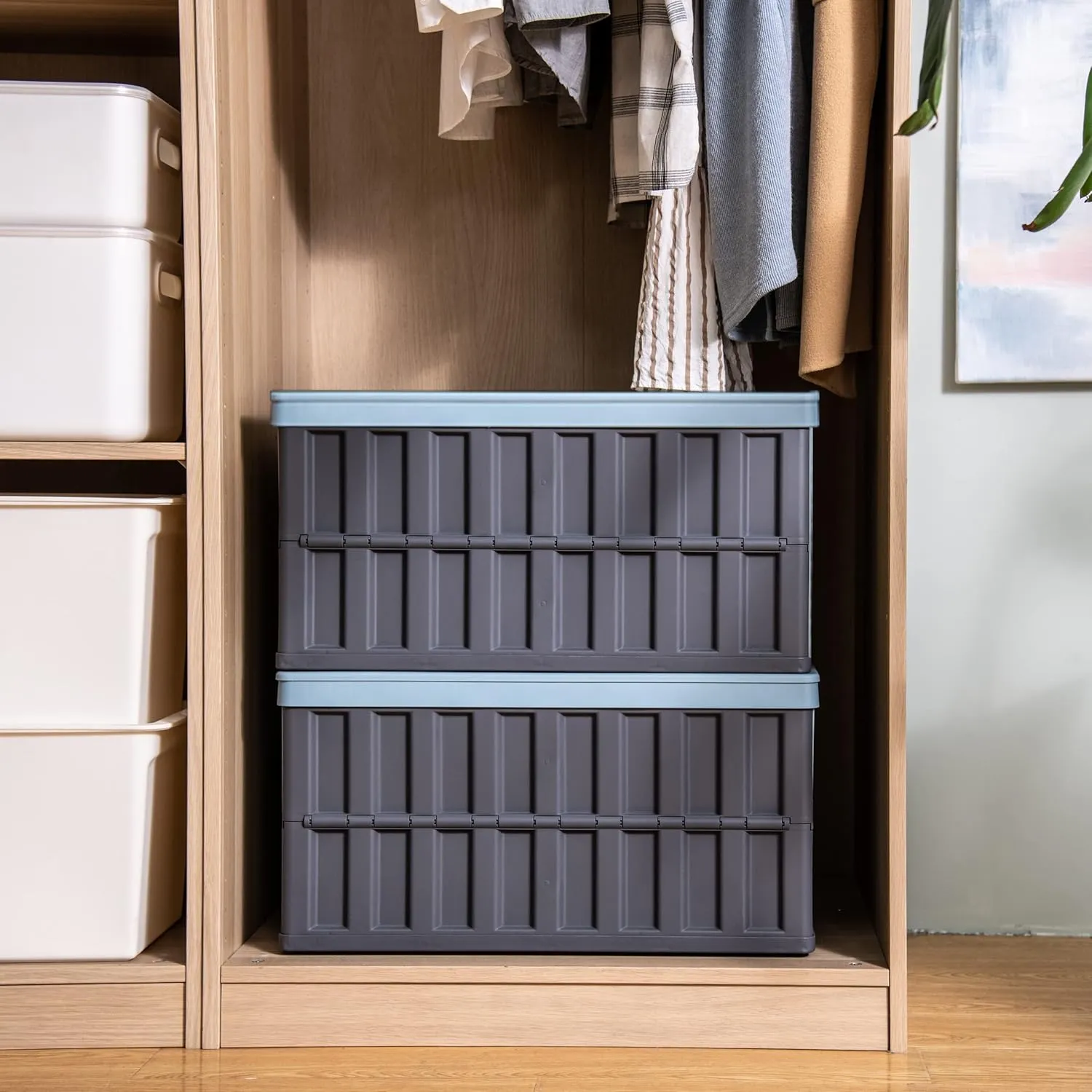 Citylife 64L Collapsible Storage Bins with Lids Plastic Storage Containers for Organizing Stackable Storage Box Large Heavy Duty Utility Crates, 2 Packs
