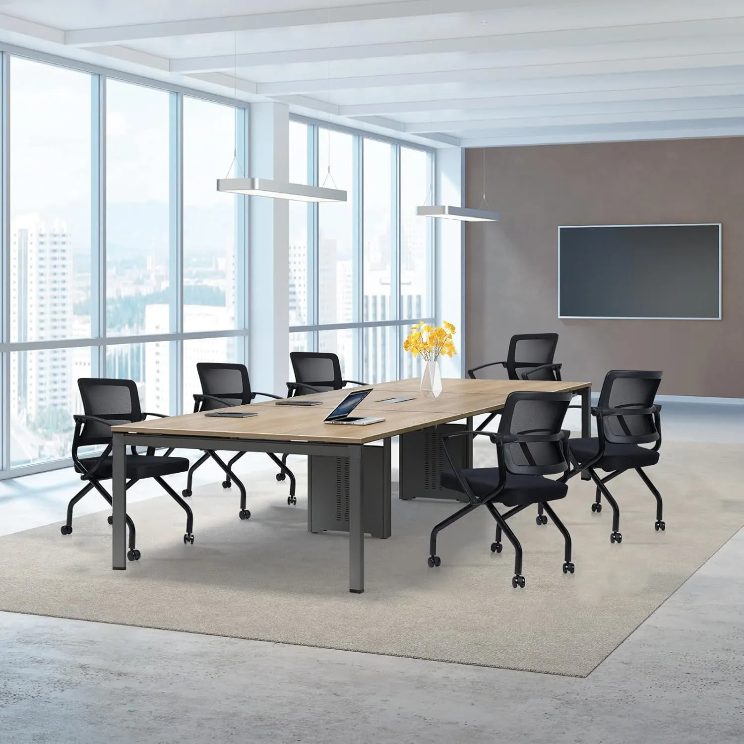 CLATINA Stackable Foldable Ergonomic Office Chair with Lumbar Support and Thick Cushion, Folding Mesh Fabric Reception Guest Chair with Arms & Wheels for Training Room, Guest, Reception, Black (8pk)