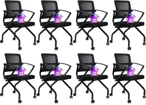 CLATINA Stackable Foldable Ergonomic Office Chair with Lumbar Support and Thick Cushion, Folding Mesh Fabric Reception Guest Chair with Arms & Wheels for Training Room, Guest, Reception, Black (8pk)