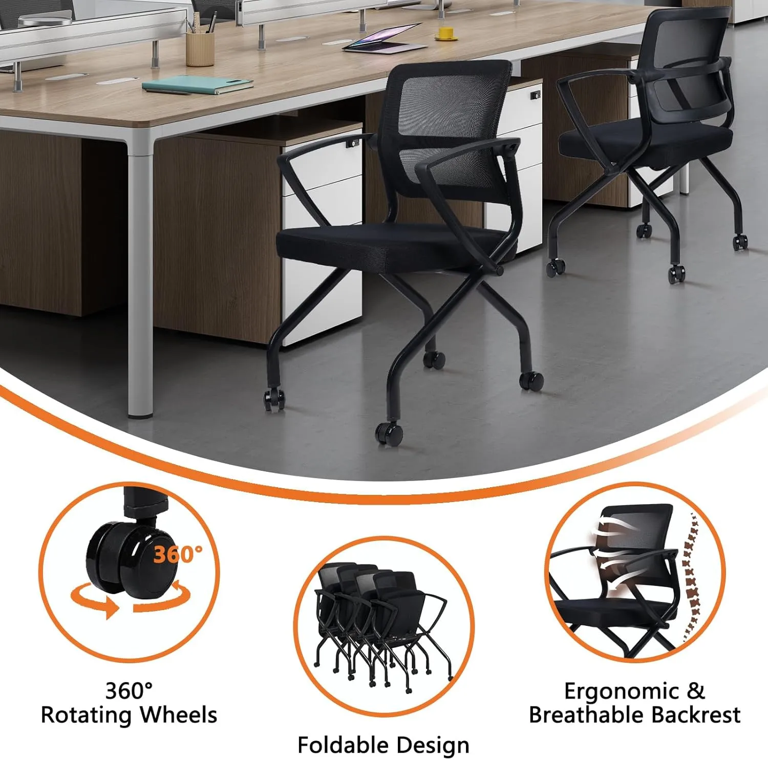 CLATINA Stackable Foldable Ergonomic Office Chair with Lumbar Support and Thick Cushion, Folding Mesh Fabric Reception Guest Chair with Arms & Wheels for Training Room, Guest, Reception, Black (8pk)