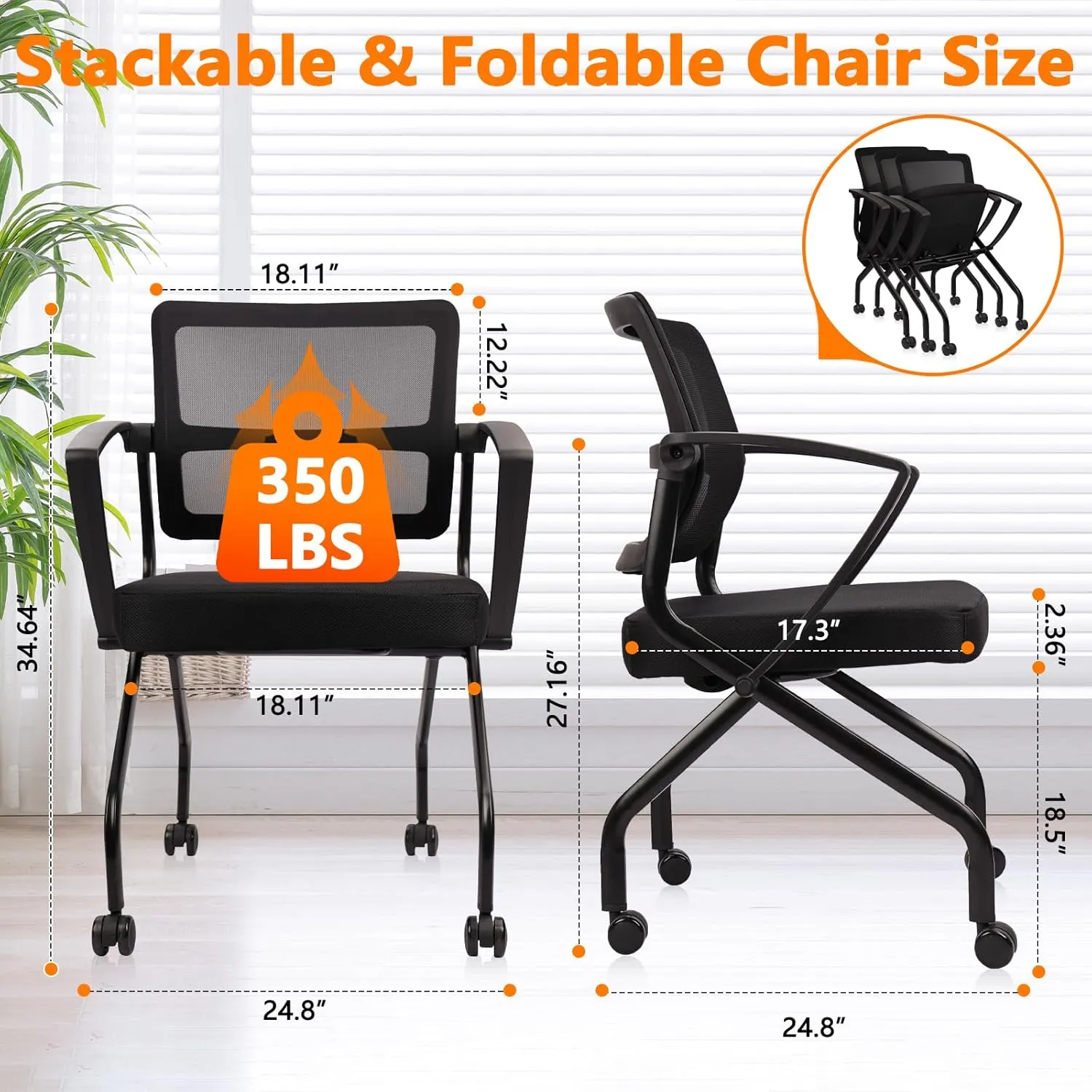 CLATINA Stackable Foldable Ergonomic Office Chair with Lumbar Support and Thick Cushion, Folding Mesh Fabric Reception Guest Chair with Arms & Wheels for Training Room, Guest, Reception, Black (8pk)
