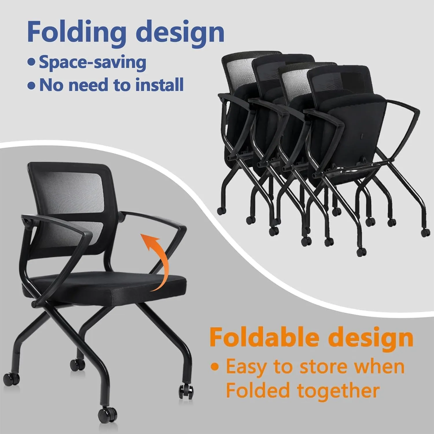 CLATINA Stackable Foldable Ergonomic Office Chair with Lumbar Support and Thick Cushion, Folding Mesh Fabric Reception Guest Chair with Arms & Wheels for Training Room, Guest, Reception, Black (8pk)