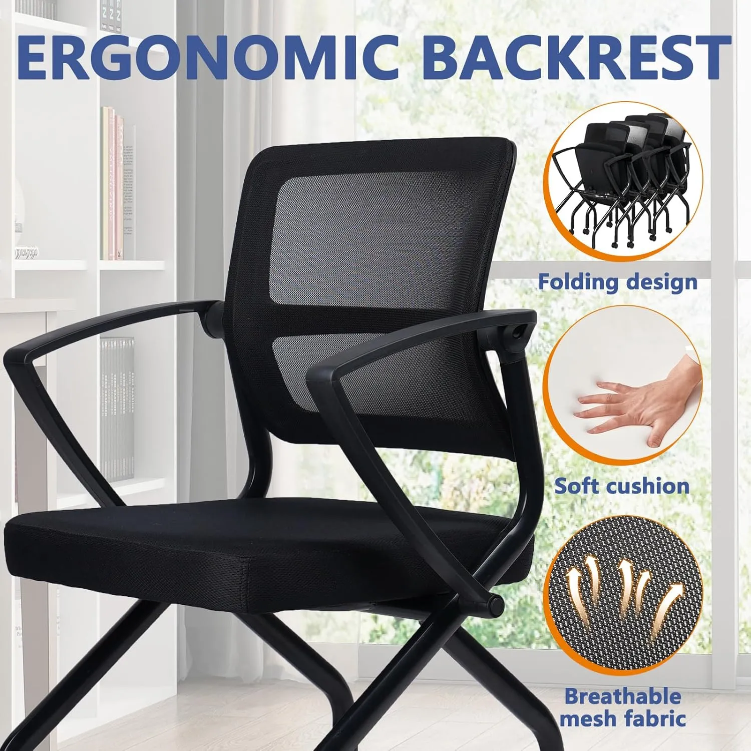 CLATINA Stackable Foldable Ergonomic Office Chair with Lumbar Support and Thick Cushion, Folding Mesh Fabric Reception Guest Chair with Arms & Wheels for Training Room, Guest, Reception, Black (8pk)