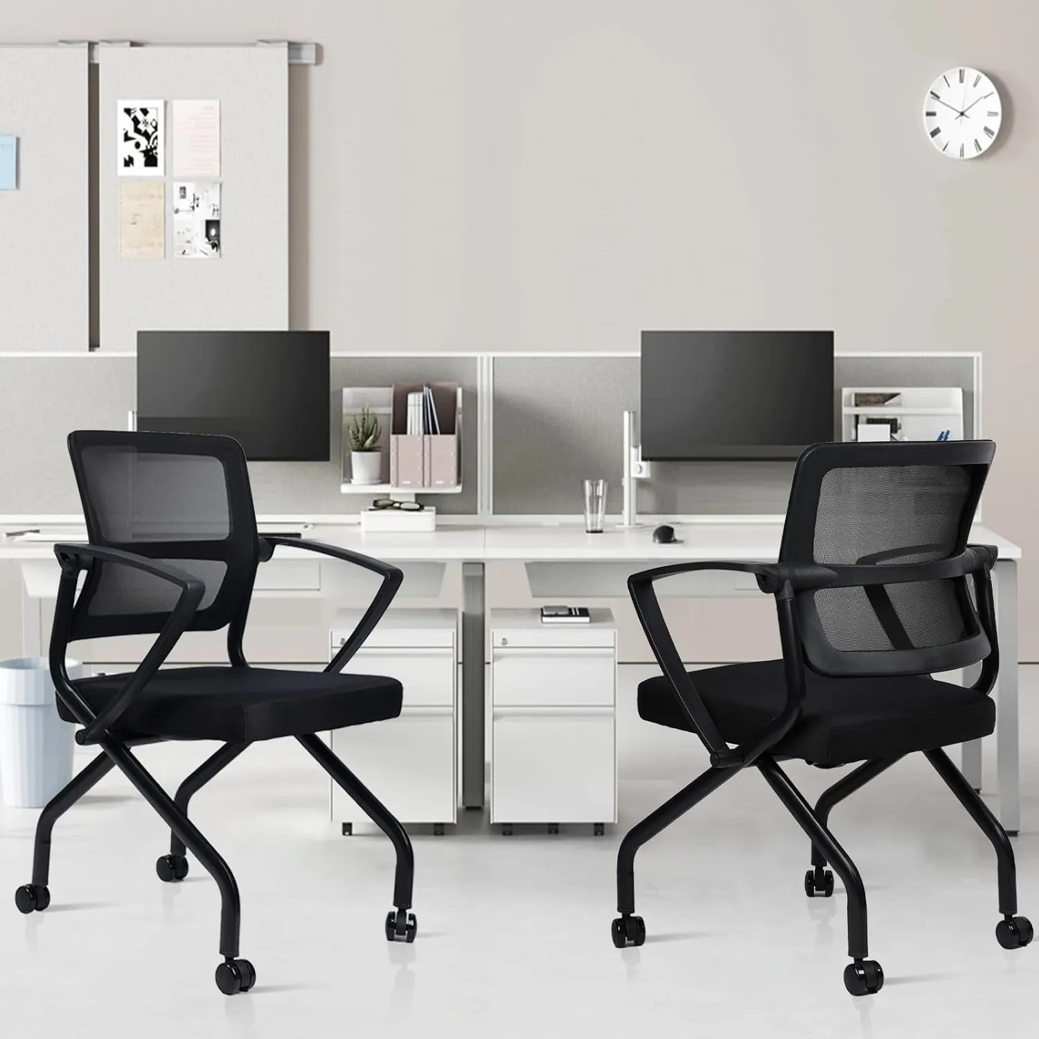 CLATINA Stackable Foldable Ergonomic Office Chair with Lumbar Support and Thick Cushion, Folding Mesh Fabric Reception Guest Chair with Arms & Wheels for Training Room, Guest, Reception, Black (8pk)
