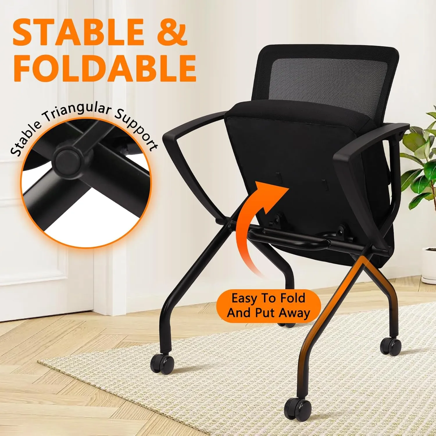 CLATINA Stackable Foldable Ergonomic Office Chair with Lumbar Support and Thick Cushion, Folding Mesh Fabric Reception Guest Chair with Arms & Wheels for Training Room, Guest, Reception, Black (8pk)