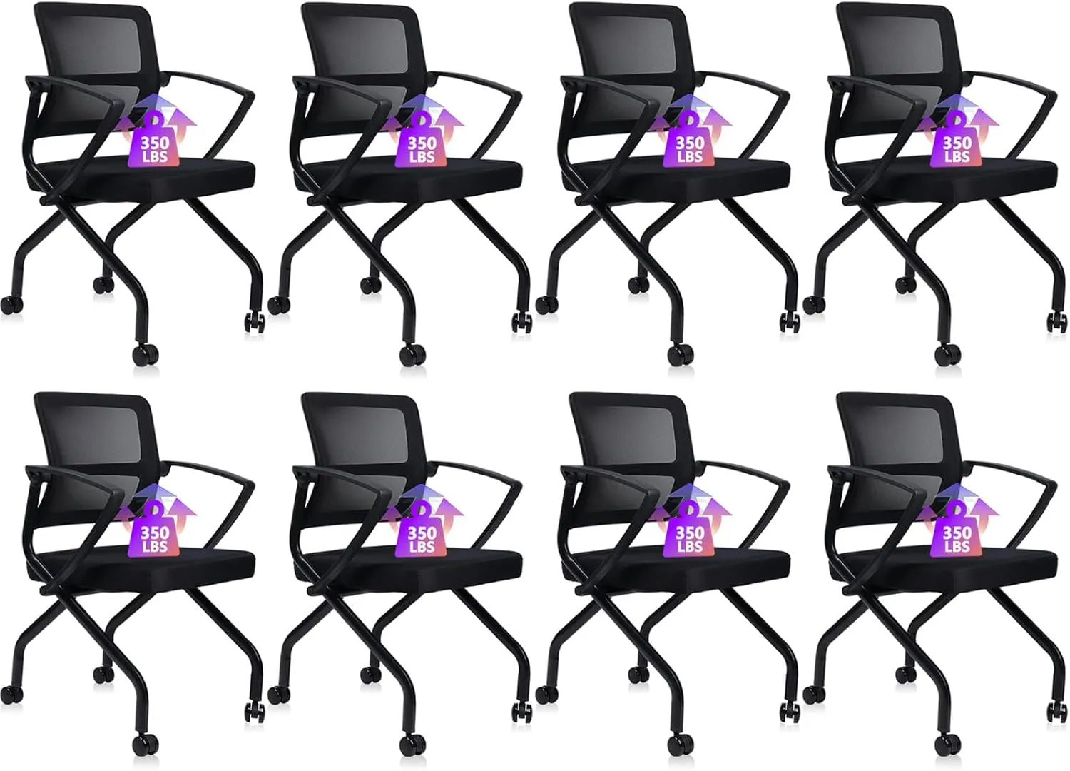 CLATINA Stackable Foldable Ergonomic Office Chair with Lumbar Support and Thick Cushion, Folding Mesh Fabric Reception Guest Chair with Arms & Wheels for Training Room, Guest, Reception, Black (8pk)
