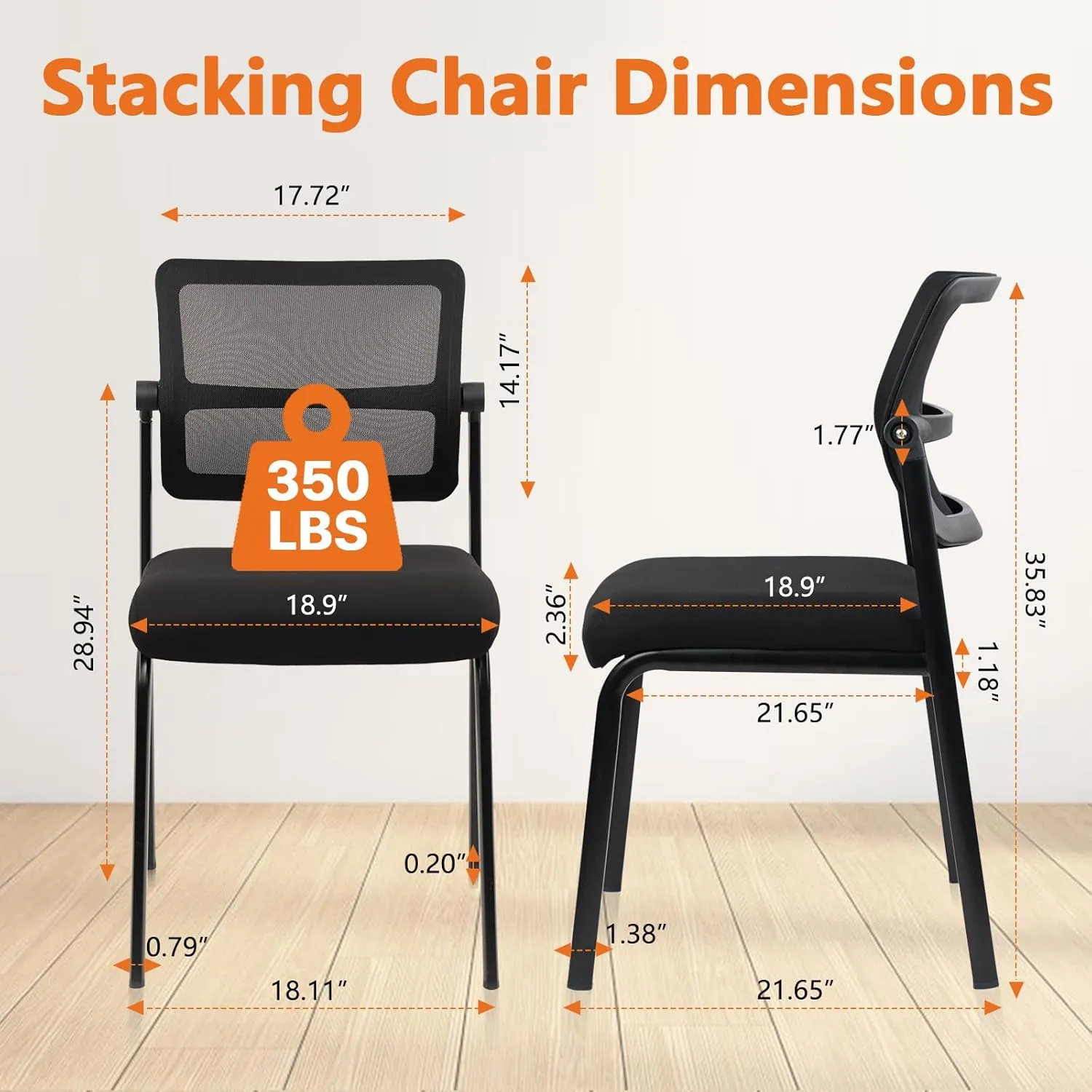 CLATINA Stacking Armless Office Chair with Adjustable Backrest, Stackable Mesh Guest Reception Desk Chairs with Ergonomic Lumbar Support for Conference Waiting Room Lobby Side School, Black, 1 Pack