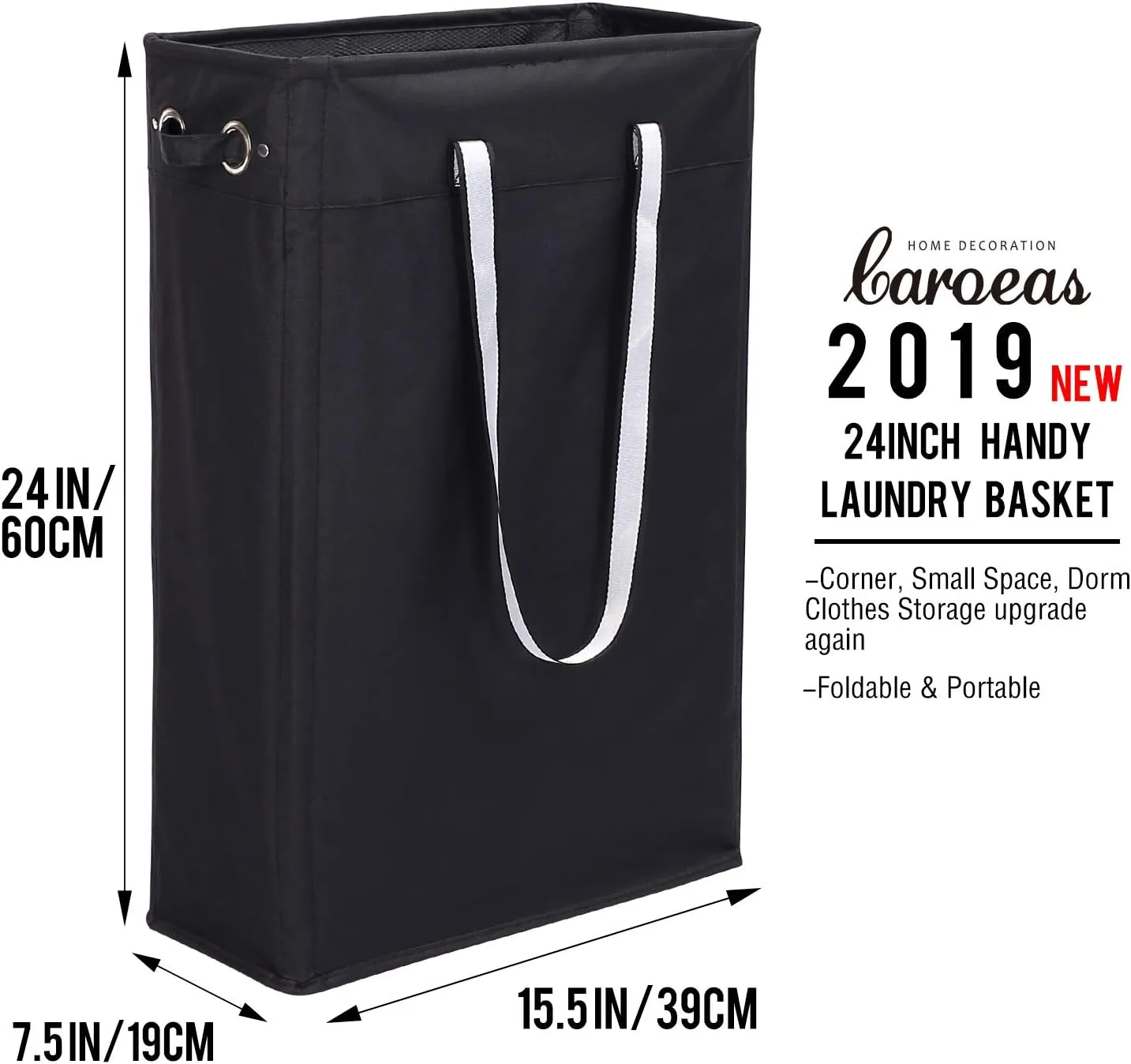 Cloth Clothes Basket, Caroeas 24" Handy Hanging Laundry Basket Tall & Slim Hamper Waterproof Laundry Bag Collapsible Travel Laundry Bag with Breathable Mesh Cover & Soft Handle Laundry Hamper (Black1)