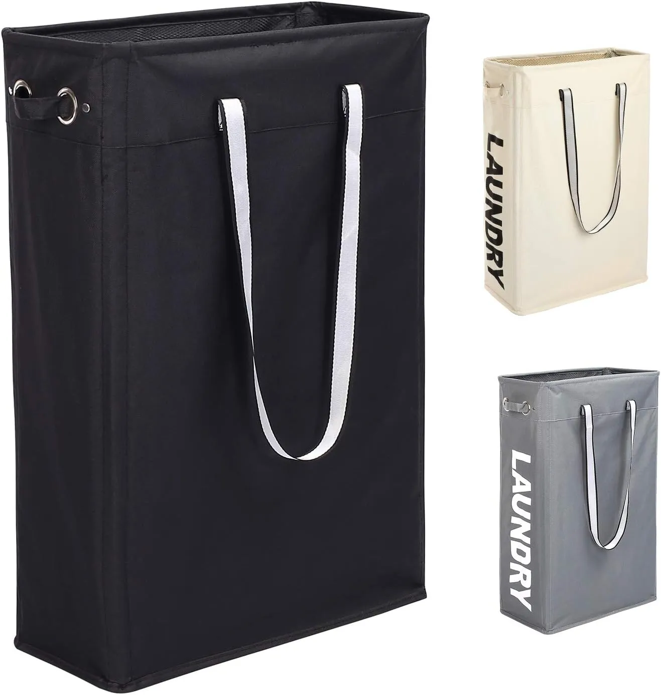 Cloth Clothes Basket, Caroeas 24" Handy Hanging Laundry Basket Tall & Slim Hamper Waterproof Laundry Bag Collapsible Travel Laundry Bag with Breathable Mesh Cover & Soft Handle Laundry Hamper (Black1)