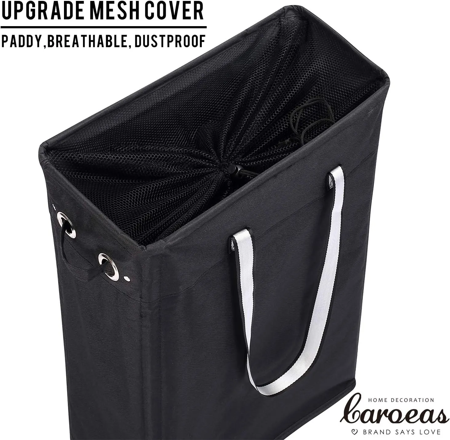 Cloth Clothes Basket, Caroeas 24" Handy Hanging Laundry Basket Tall & Slim Hamper Waterproof Laundry Bag Collapsible Travel Laundry Bag with Breathable Mesh Cover & Soft Handle Laundry Hamper (Black1)