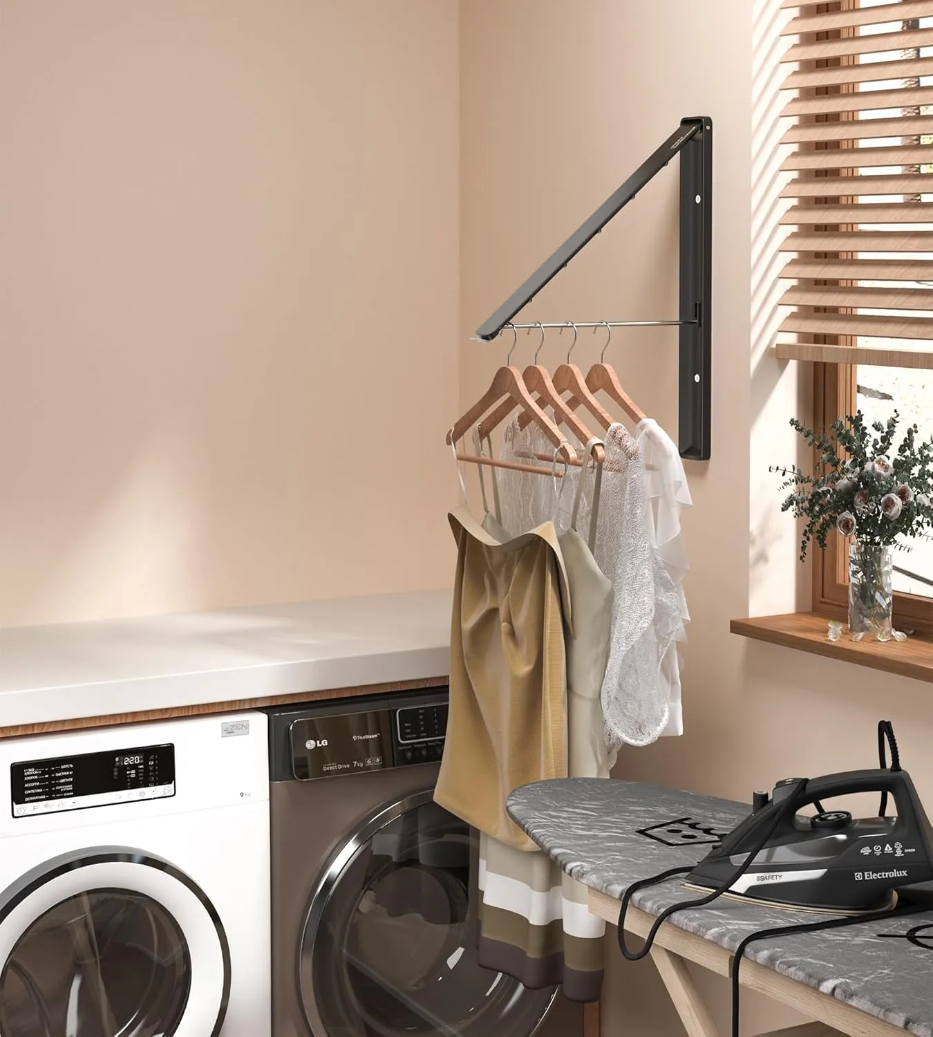Clothes Drying Rack with Rod, Wall-Mounted Retractable & Foldable Clothes Hanger for Laundry Room Organization and Storage, Metal Clothes Hanger Rack for Dorm, Closet, Balcony 2Rack, 1Rod Black
