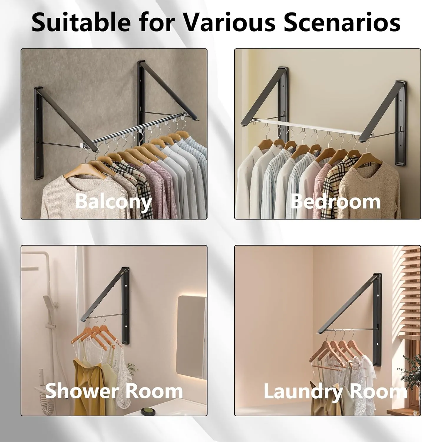 Clothes Drying Rack with Rod, Wall-Mounted Retractable & Foldable Clothes Hanger for Laundry Room Organization and Storage, Metal Clothes Hanger Rack for Dorm, Closet, Balcony 2Rack, 1Rod Black