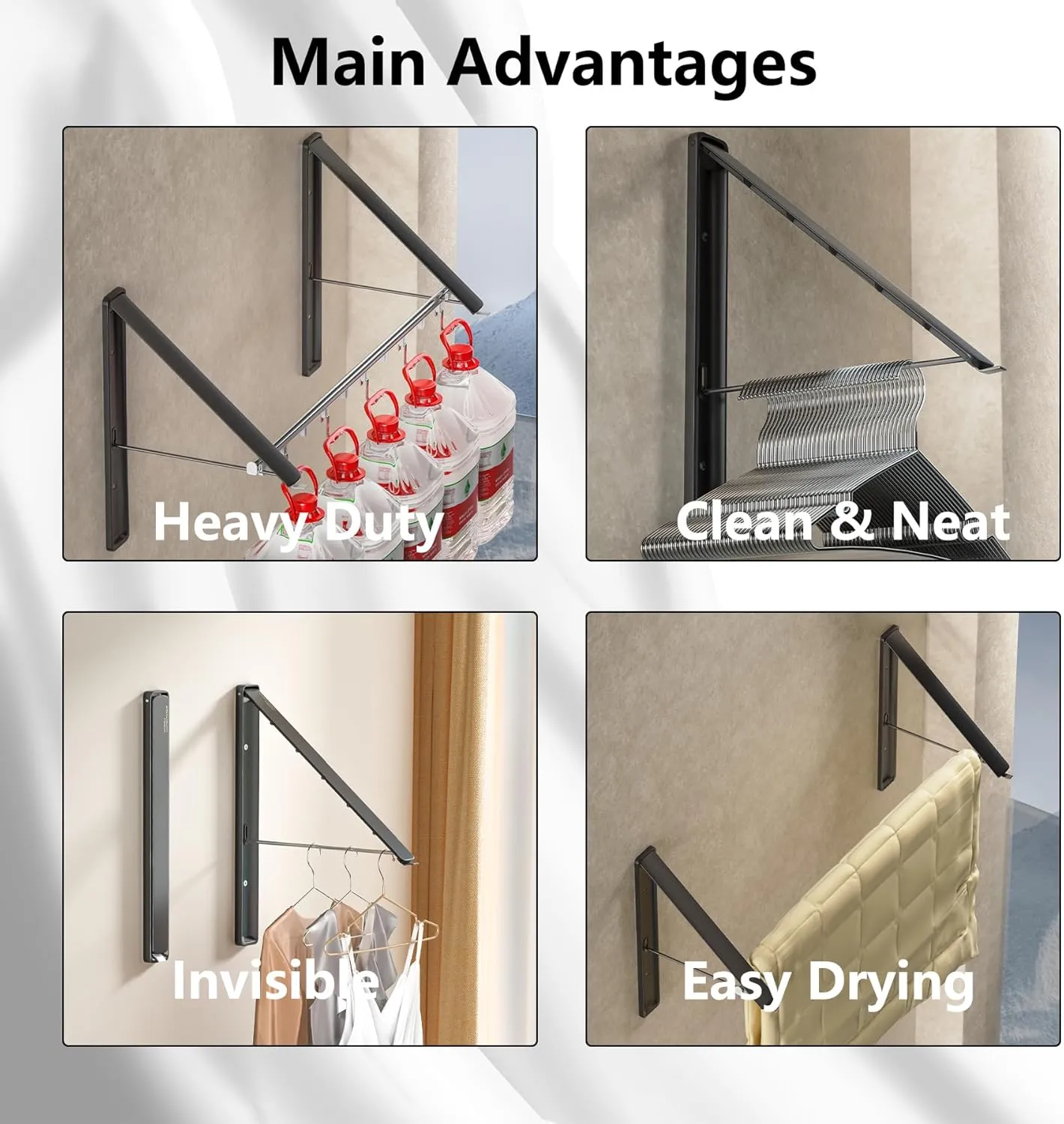 Clothes Drying Rack with Rod, Wall-Mounted Retractable & Foldable Clothes Hanger for Laundry Room Organization and Storage, Metal Clothes Hanger Rack for Dorm, Closet, Balcony 2Rack, 1Rod Black