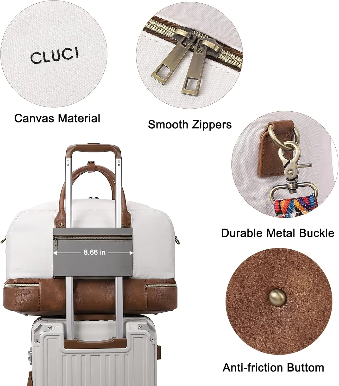 CLUCI Duffle Bag Weekender Bags for Women Canvas Anti Theft Travel Bag for Women Overnight Tote Carry On Bags with Shoe Compartment White with Brown