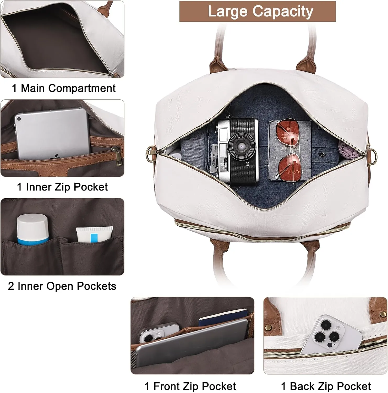 CLUCI Duffle Bag Weekender Bags for Women Canvas Anti Theft Travel Bag for Women Overnight Tote Carry On Bags with Shoe Compartment White with Brown