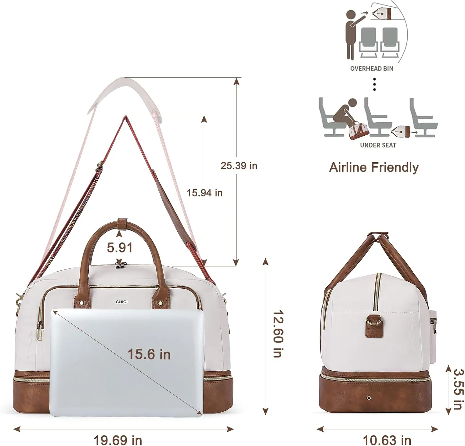 CLUCI Duffle Bag Weekender Bags for Women Canvas Anti Theft Travel Bag for Women Overnight Tote Carry On Bags with Shoe Compartment White with Brown