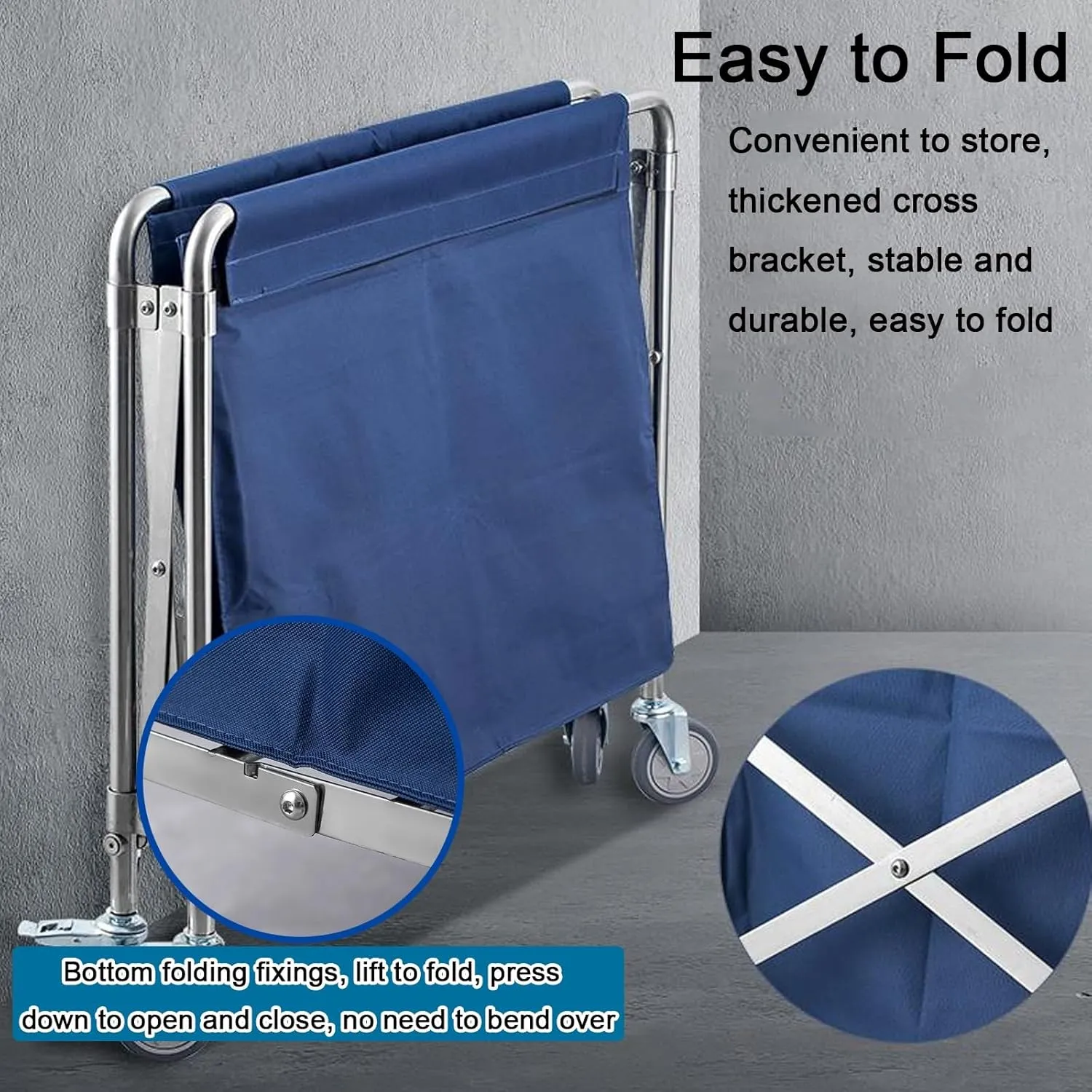 Collapsible Cart with Wheels All-Steel Frame with Laundry Basket Folding Linen Trolley with Removable Fabric Bags, Large Capacity with Swivel Castors(Blue,90x88x60cm/35x35x24in)