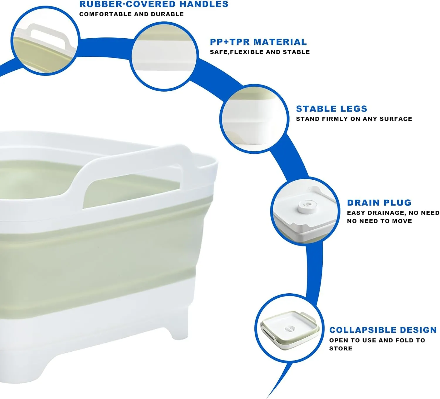 Collapsible Dish Basin Foldable Kitchen Sink With Drain Plug Plastic Laundry Tub 9L/2.4Gal RV & Camping Wash Basin Space-Saving Bottle Washing Sink (Green)