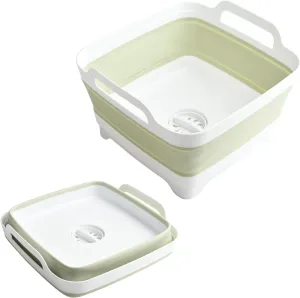 Collapsible Dish Basin Foldable Kitchen Sink With Drain Plug Plastic Laundry Tub 9L/2.4Gal RV & Camping Wash Basin Space-Saving Bottle Washing Sink (Green)