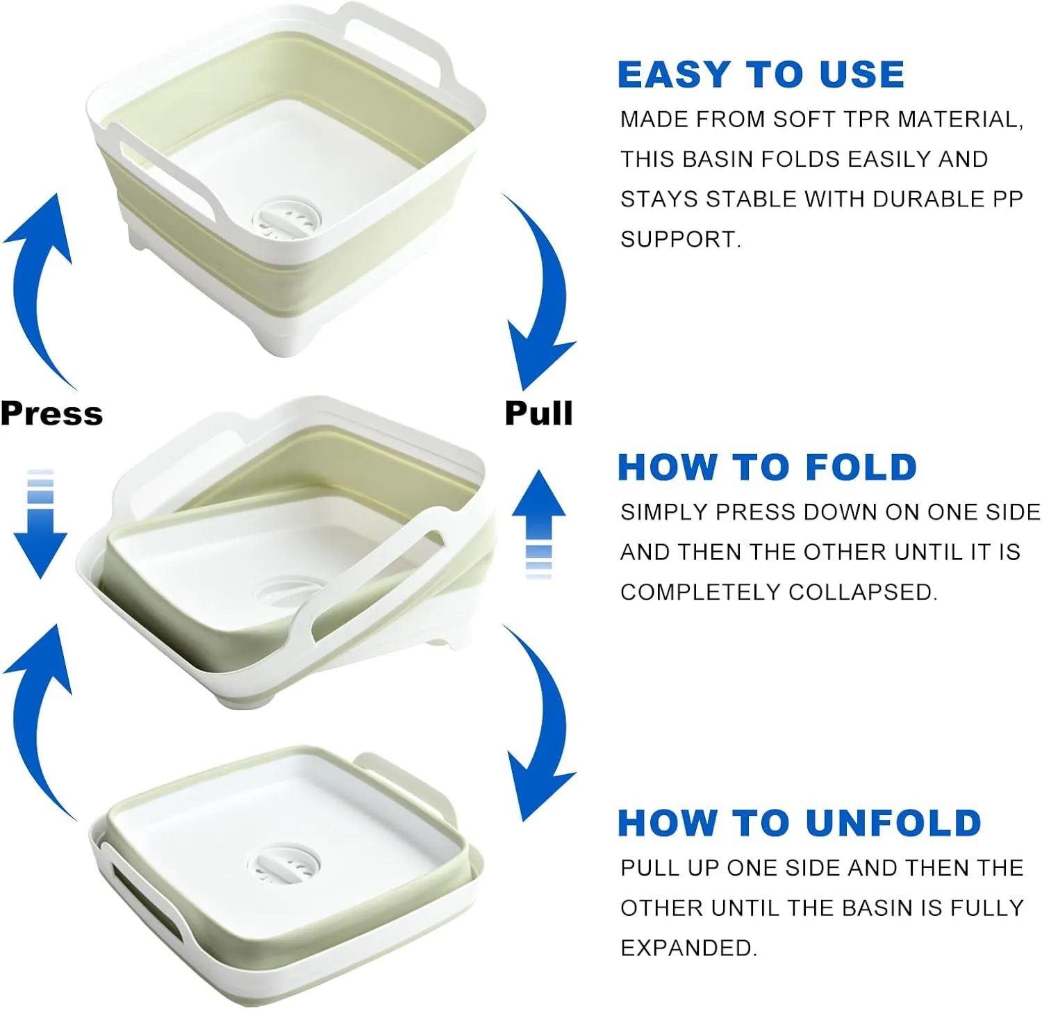 Collapsible Dish Basin Foldable Kitchen Sink With Drain Plug Plastic Laundry Tub 9L/2.4Gal RV & Camping Wash Basin Space-Saving Bottle Washing Sink (Green)