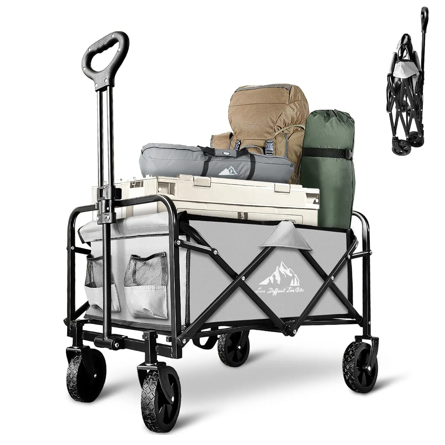 Collapsible Foldable Wagon, Beach Cart Large Capacity, Heavy Duty Folding Wagon Portable, for Outdoor Sports, Shopping, Camping, Gray