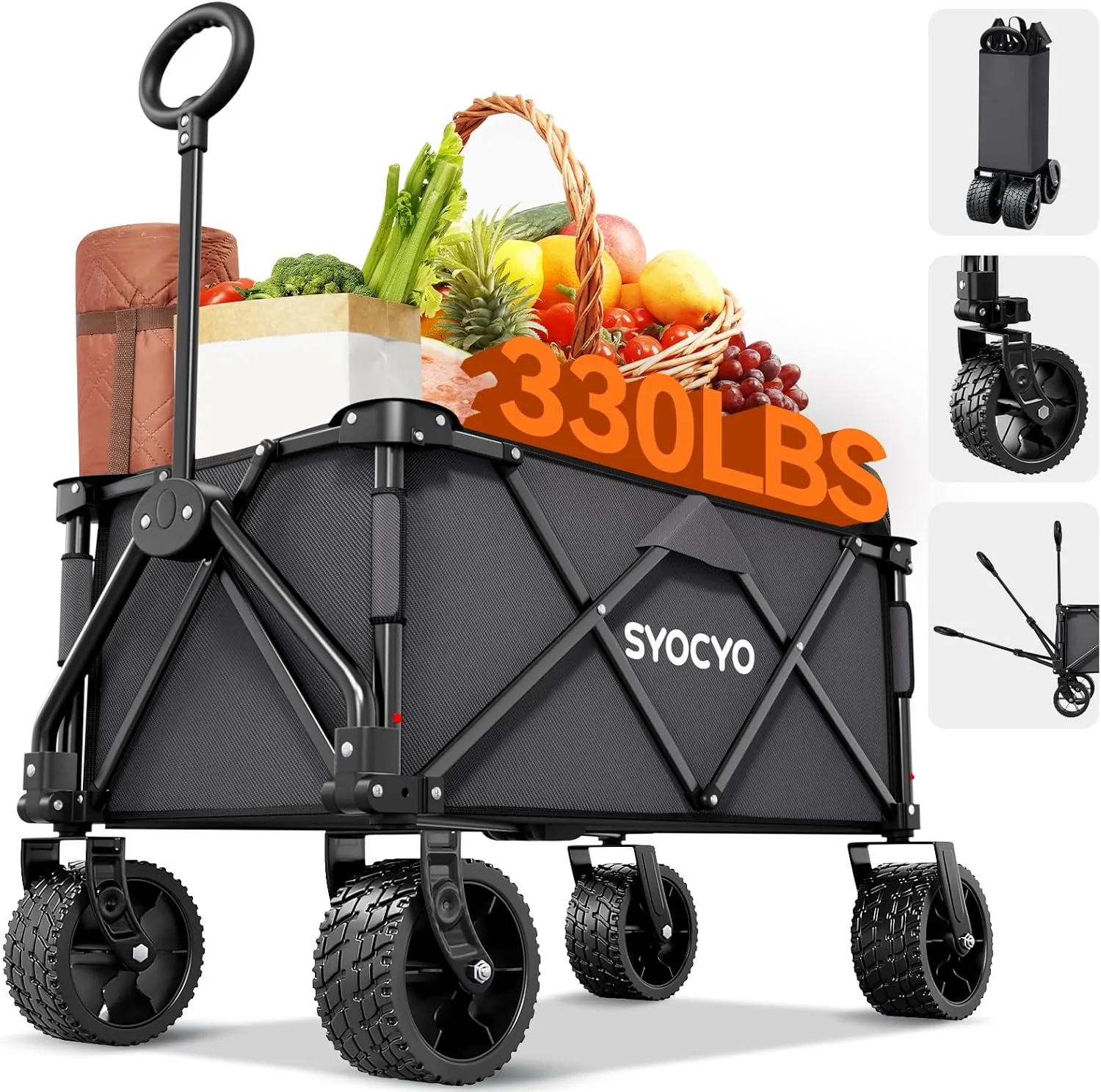 Collapsible Foldable Wagon Cart, Heavy Duty Folding Wagon with 330lbs Weight Capacity, Beach Wagons with All-Terrain Wheels Utility Garden Cart for Camping, Sports, Beach and Shopping, Grey