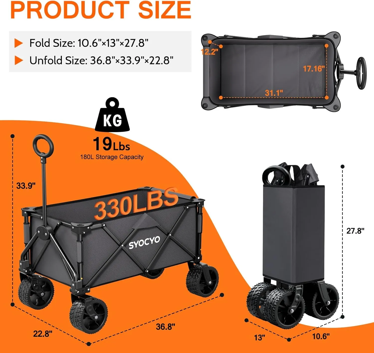 Collapsible Foldable Wagon Cart, Heavy Duty Folding Wagon with 330lbs Weight Capacity, Beach Wagons with All-Terrain Wheels Utility Garden Cart for Camping, Sports, Beach and Shopping, Grey