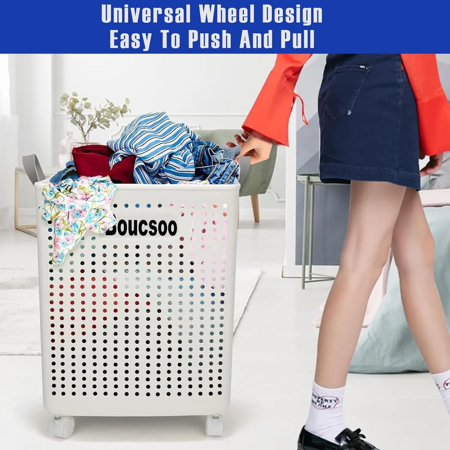 Collapsible Laundry Basket With Wheels - Large Rolling Hamper for Laundry Room, Foldable With Handle, Plastic, White - 58L