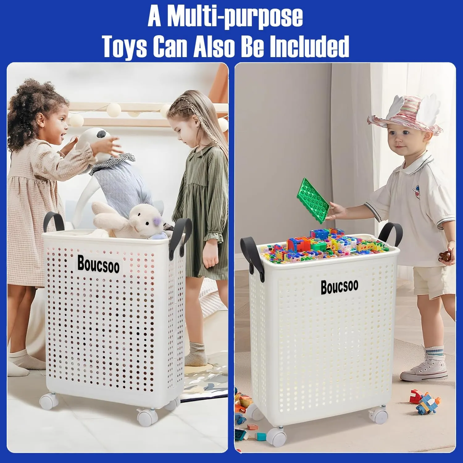 Collapsible Laundry Basket With Wheels - Large Rolling Hamper for Laundry Room, Foldable With Handle, Plastic, White - 58L