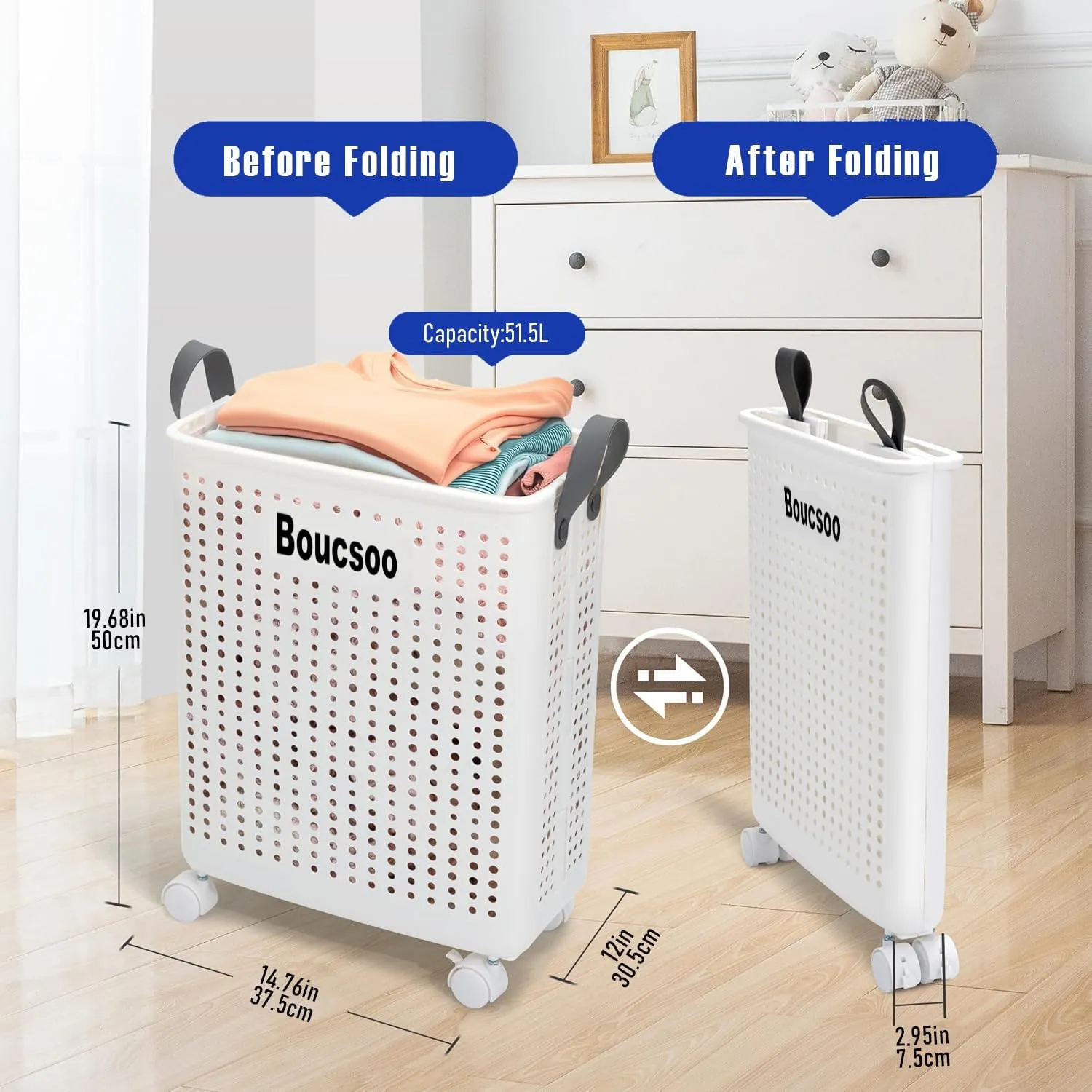 Collapsible Laundry Basket With Wheels - Large Rolling Hamper for Laundry Room, Foldable With Handle, Plastic, White - 58L