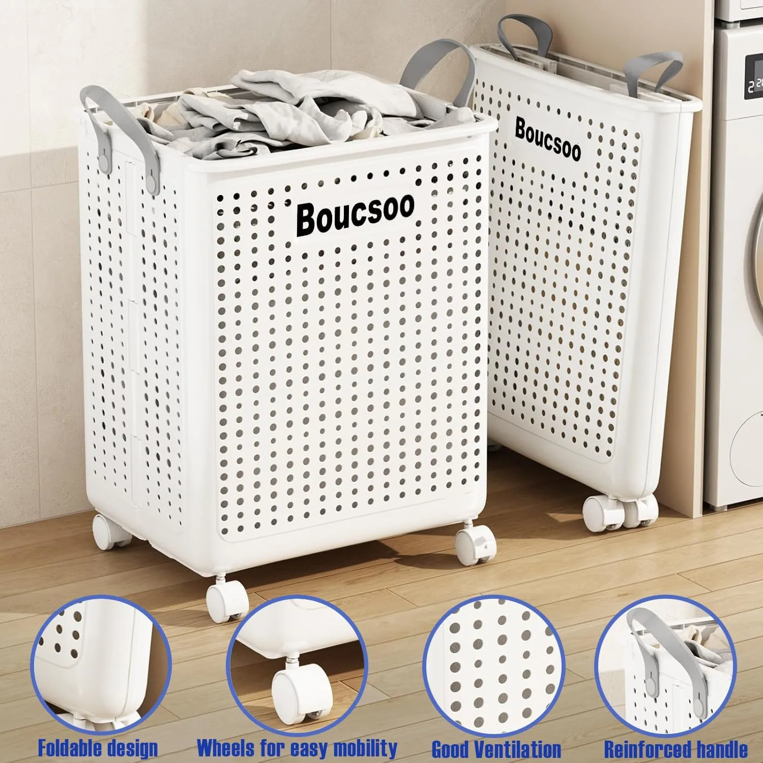 Collapsible Laundry Basket With Wheels - Large Rolling Hamper for Laundry Room, Foldable With Handle, Plastic, White - 58L