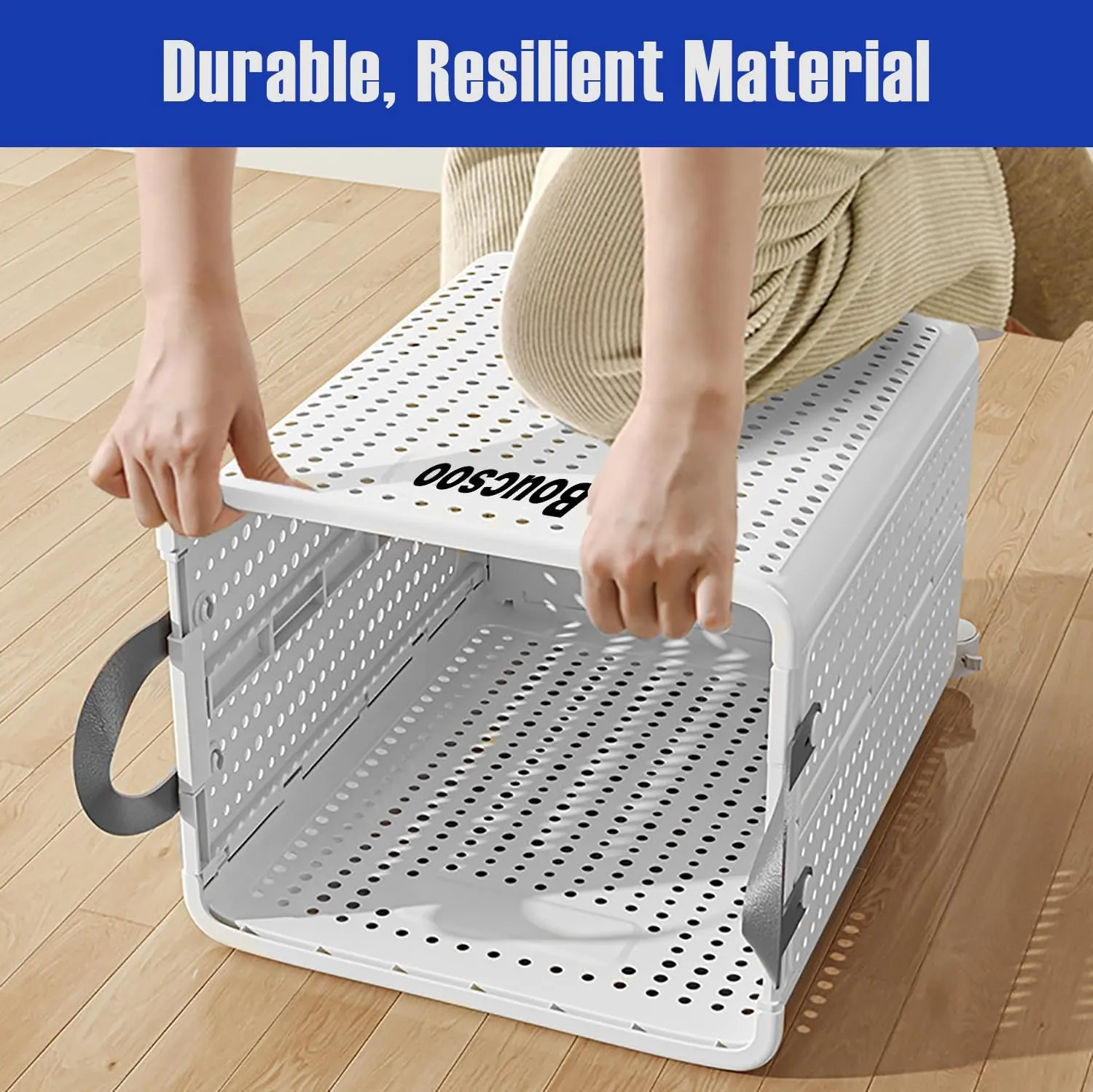 Collapsible Laundry Basket With Wheels - Large Rolling Hamper for Laundry Room, Foldable With Handle, Plastic, White - 58L