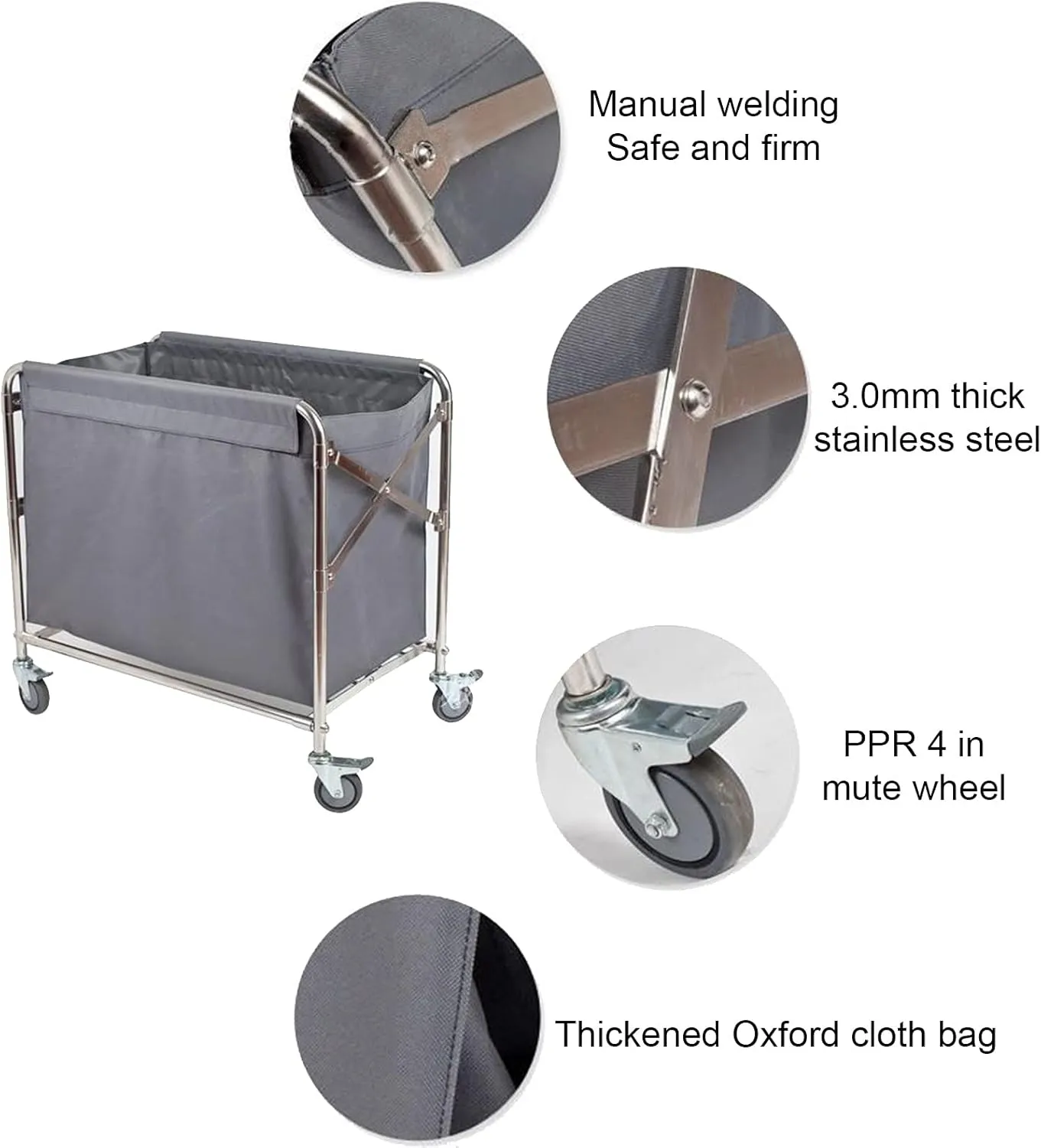 Collapsible Laundry Trolley, Oxcloth Bag Laundry Sorter Hamper, Linen Cart,Wheeled Laundry Trolley Carts, Linen Collector, Commercial Hotel Laundry Containers, for Hotel/Home/Laundry Room/Grey/