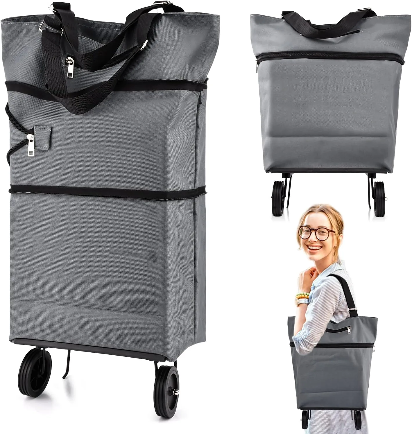 Collapsible Shopping Cart with 360° Swivel Wheels, Portable Folding Trolle-y Grocery Bag, Reusable Foldable Tote Grocery Cart Large Capacity Used for Travel and Home (Grey)
