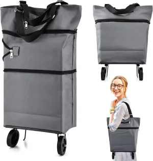 Collapsible Shopping Cart with 360° Swivel Wheels, Portable Folding Trolle-y Grocery Bag, Reusable Foldable Tote Grocery Cart Large Capacity Used for Travel and Home (Grey)