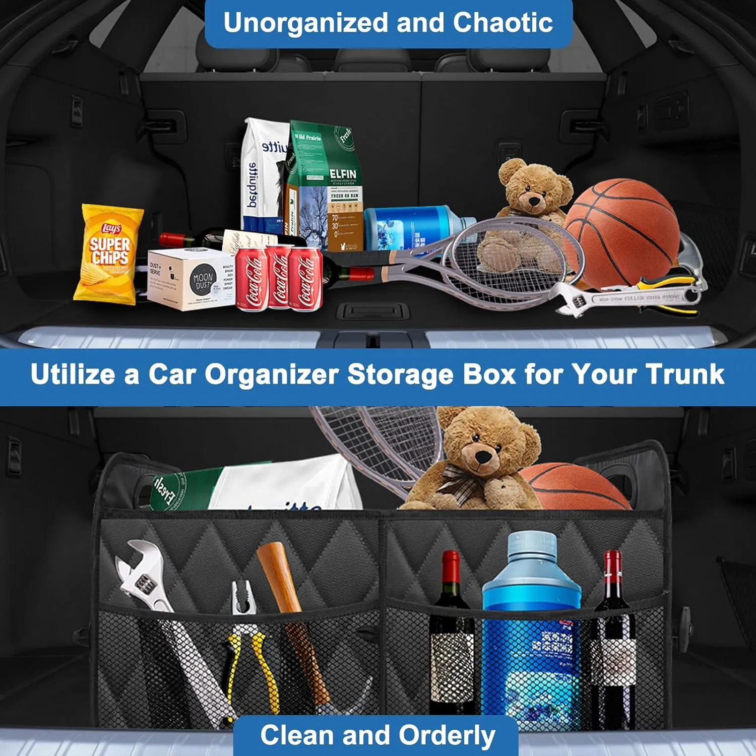 Collapsible Trunk Organizer - Portable SUV Car Accessories for Any Car, Mini-Van, Large, Black