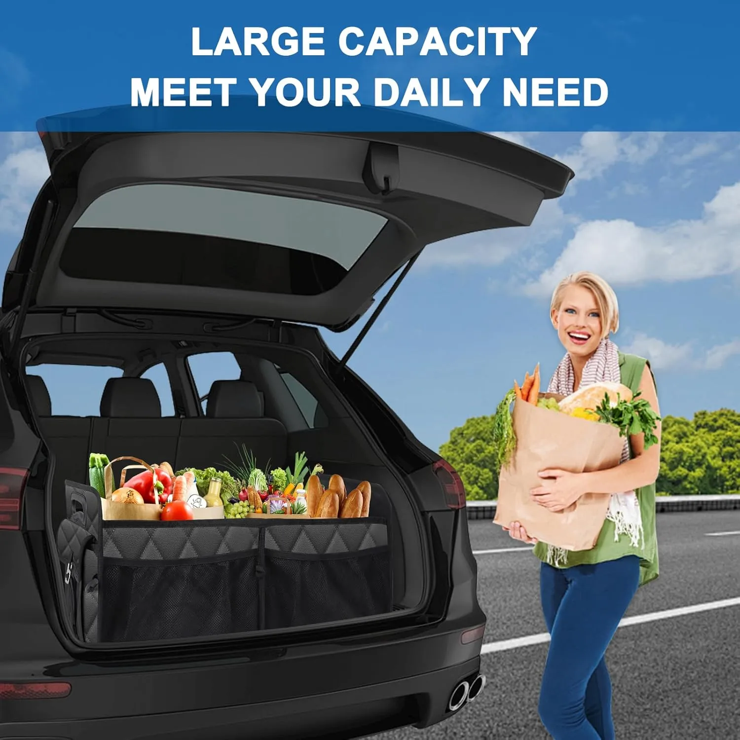 Collapsible Trunk Organizer - Portable SUV Car Accessories for Any Car, Mini-Van, Large, Black