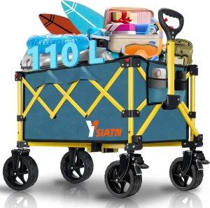 Collapsible Wagon Cart with Wheels Foldable, Folding Wagon Cart with All Terrain Wheel, Large Grocery Carts On Wheels, Heavy Duty Utility Wagons for Shopping Beach Sports Fishing Camping, 110L, Green