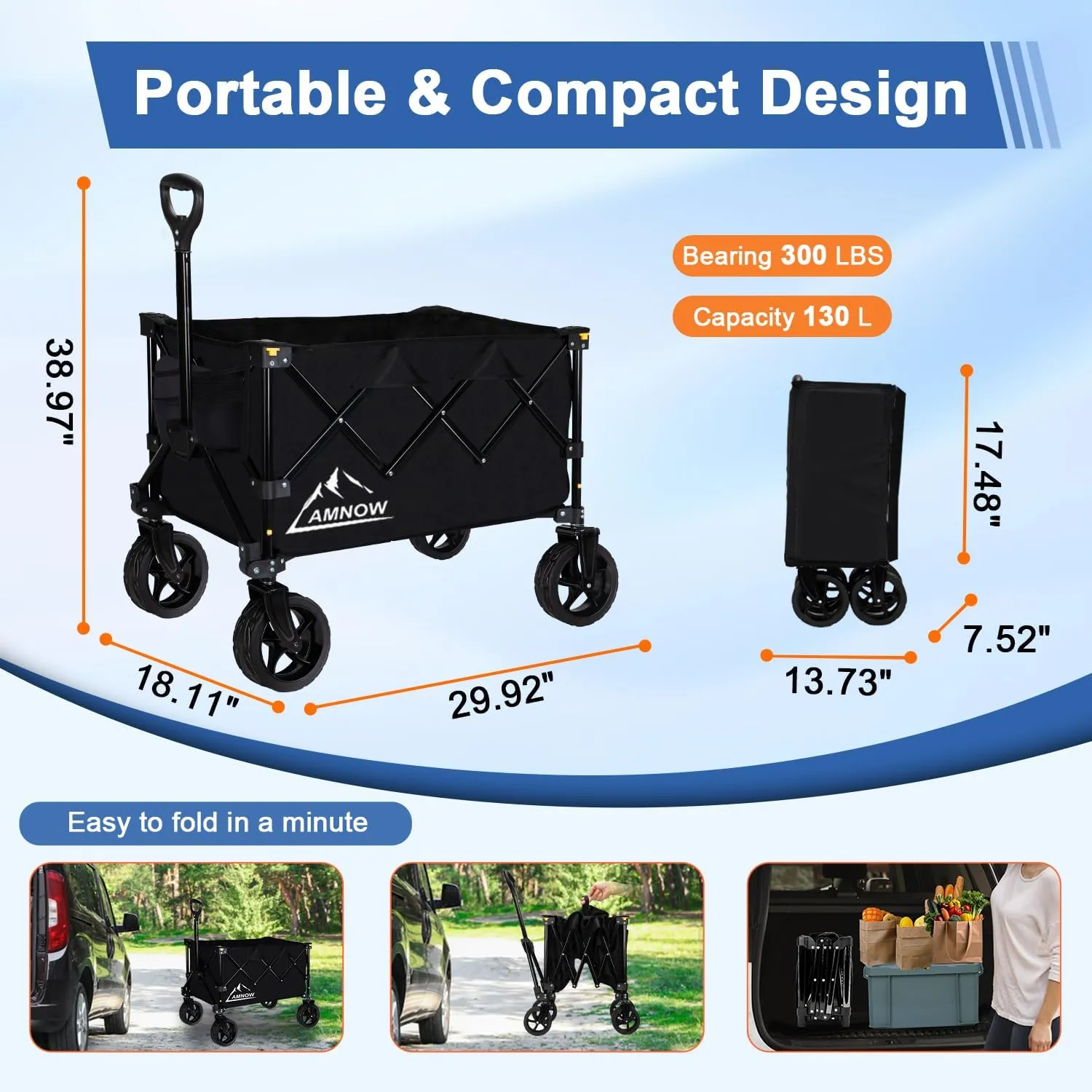 Collapsible Wagon Cart with Wheels Foldable, Folding Wagons Carts with Silent Universal Wheels, Large Grocery Cart On Wheels, Heavy Duty Utility Wagon for Shopping Beach Sports Fishing Camping, 130L