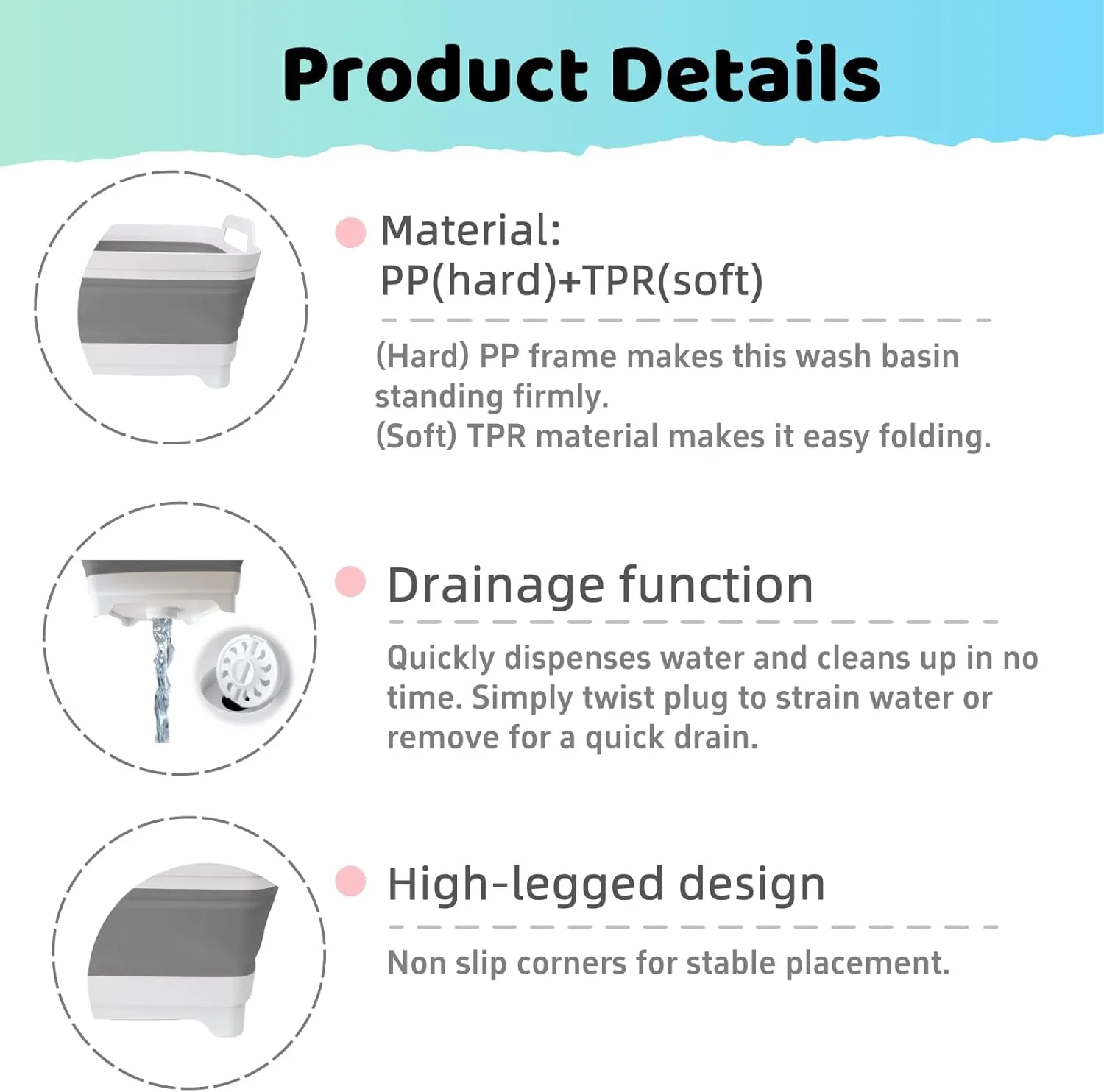 Collapsible Wash Basin for Baby Bottles - 2.4 Gallons Portable Wash Bin for RV Camping Sink, Space-Saving Dish Tub (Gray)