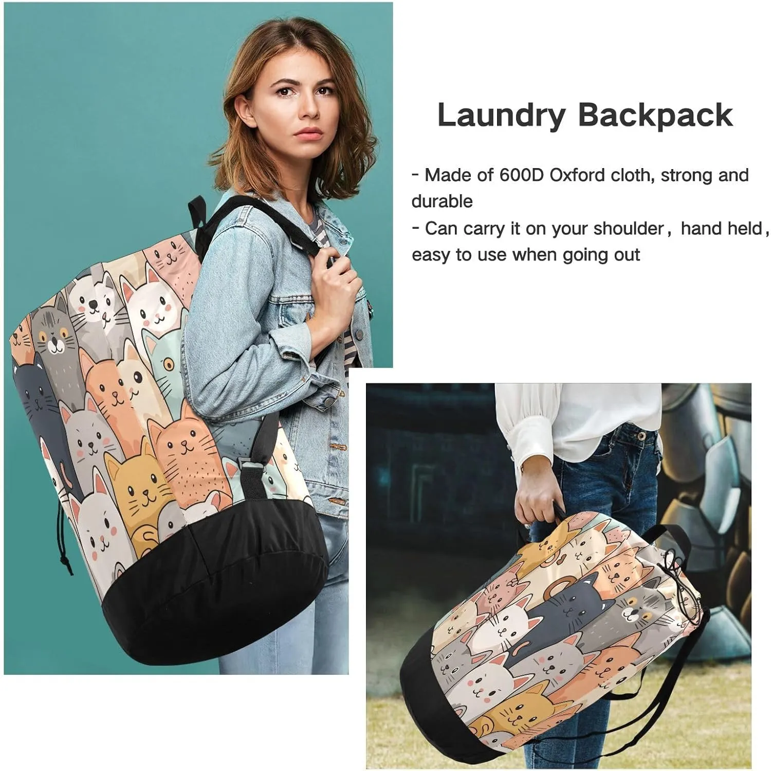 Colorful Cute Cats Laundry Bag, Large Heavy Duty, Waterproof Laundry Backpack with Adjustable Shoulder Strap for Camping, Dorm, Gym, Laundry Room