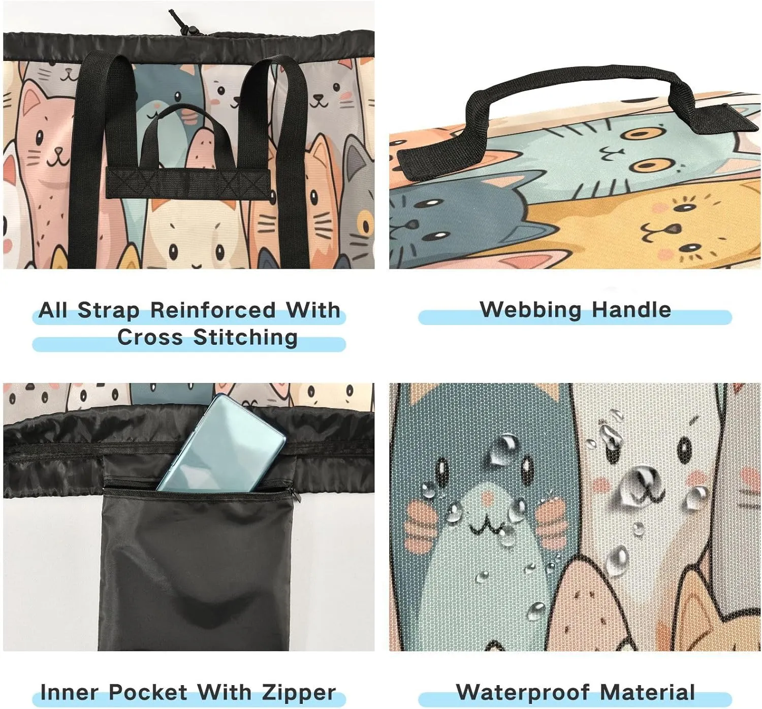 Colorful Cute Cats Laundry Bag, Large Heavy Duty, Waterproof Laundry Backpack with Adjustable Shoulder Strap for Camping, Dorm, Gym, Laundry Room