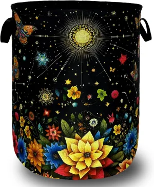 Colorful Flowers Butterfly Laundry Basket Moon Floral Laundry Hamper Foldable Oxford Cloth Beautiful Flower Tote Bag Clothes Toy Storage Bucket For Bathroom/Laundry Storage/Bedroom 18.9 x 16.5 Inch
