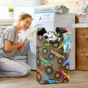 Colorful Monster Truck Large Laundry Baskets Washing Hamper Bag Large Wheels Vehicle Car Dirty Clothes Storage Bin Toy book Clothing Holder With Handles For Home Bathroom Bedroom 50L