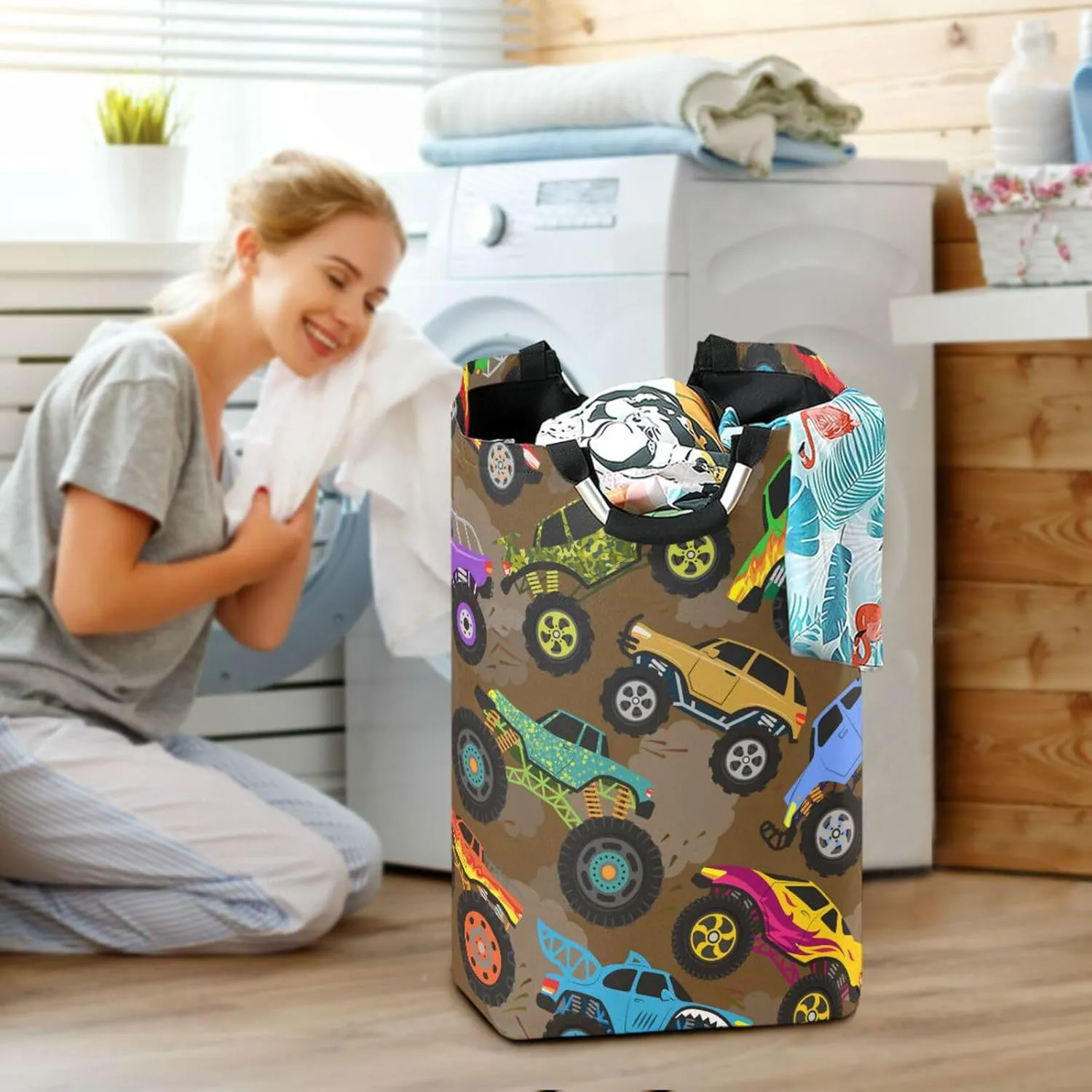 Colorful Monster Truck Large Laundry Baskets Washing Hamper Bag Large Wheels Vehicle Car Dirty Clothes Storage Bin Toy book Clothing Holder With Handles For Home Bathroom Bedroom 50L