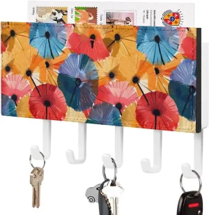 Colorful Umbrellas Novelty Key Holder Funny Keys Hook Mail Organizer Hanging Rack Decor with 5 Hooks for Wall